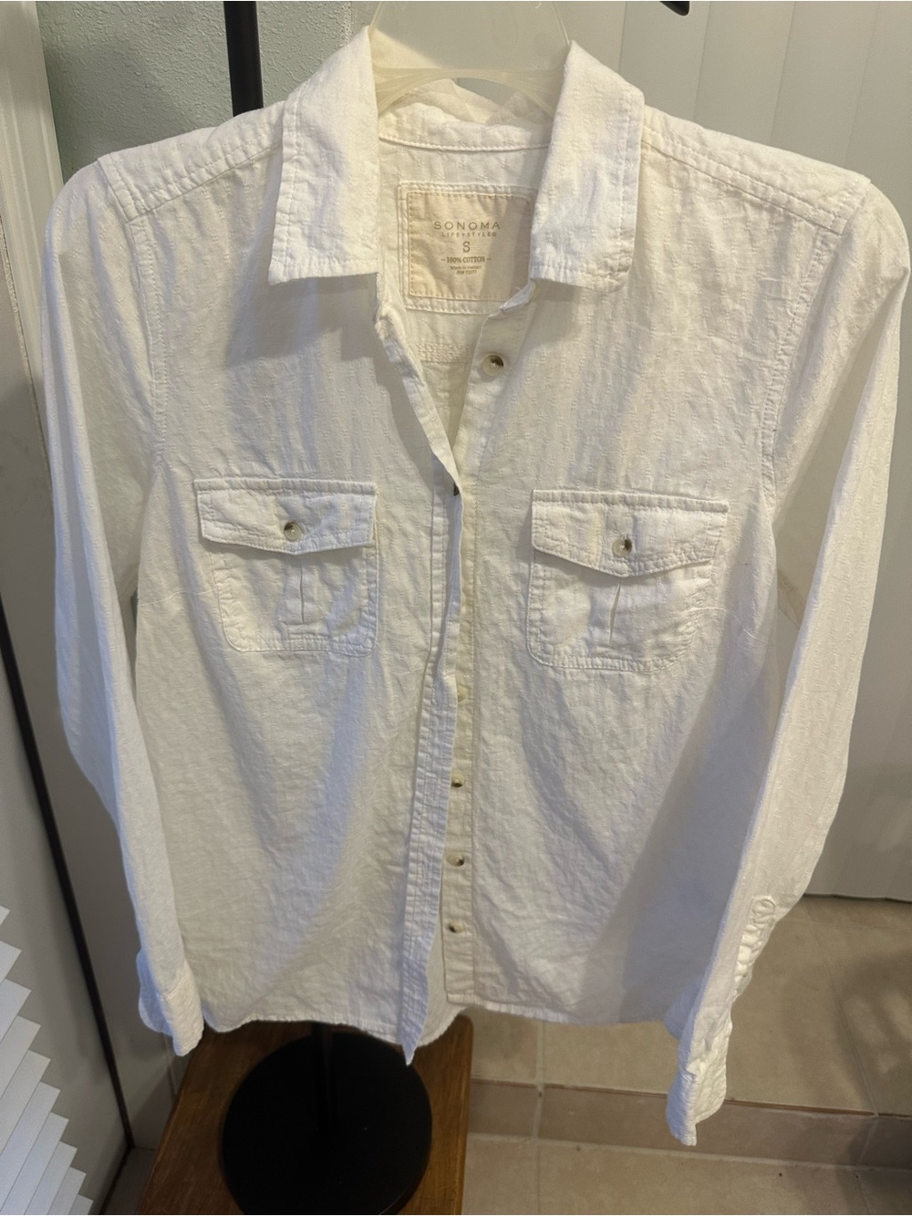 Sonoma Lifestyle White Textured Cotton Button Down Shirt Size S
